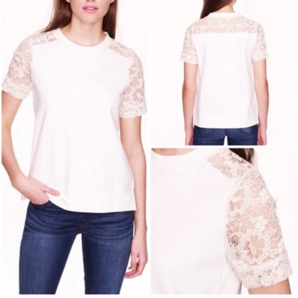 J Crew Sweatshirt Short Sleeve Crew Neck Lace Sleeves Ivory SZ M  EUC